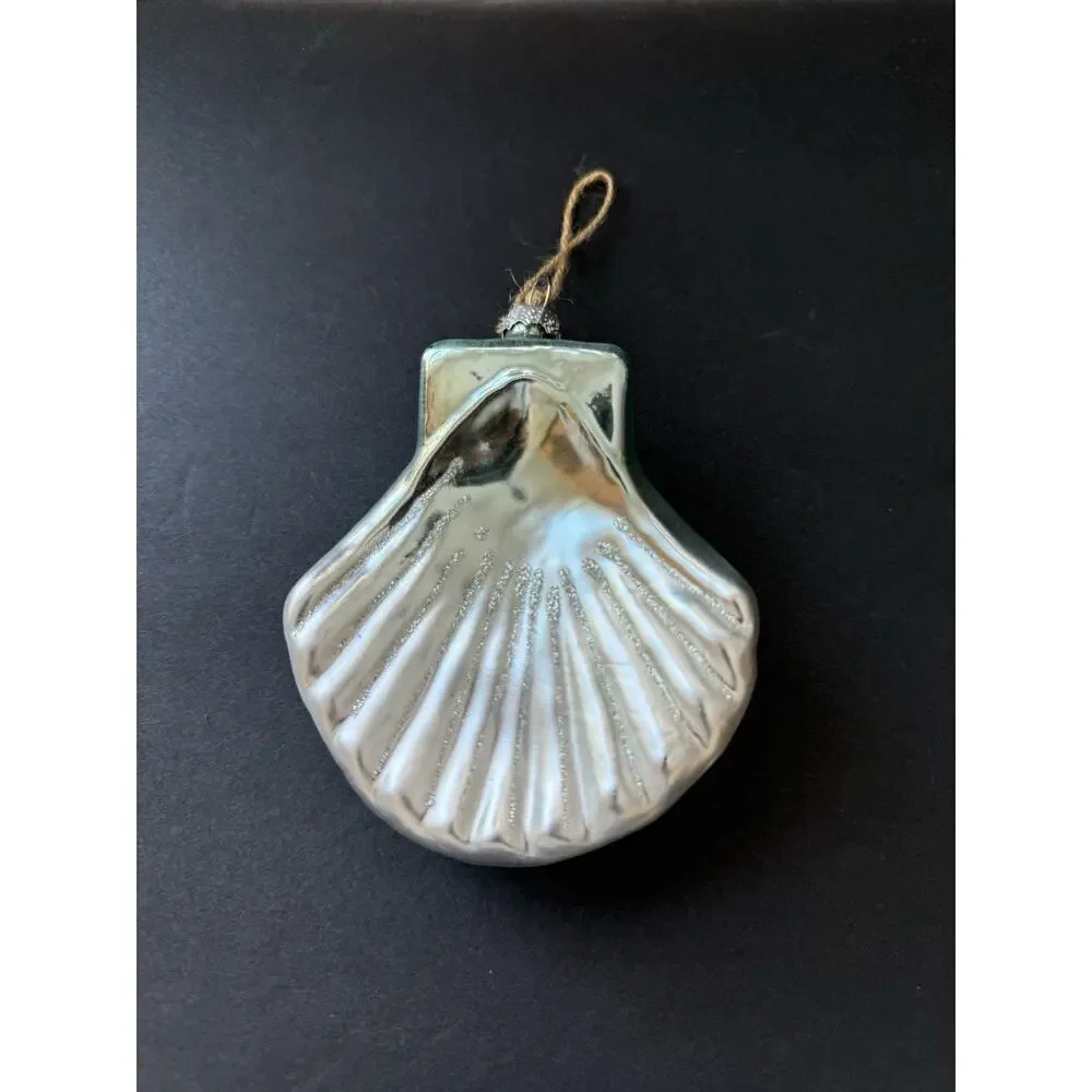 Blown Glass Beaded Scallop Seashell Christmas Ornament Handcrafted Coastal Beach
